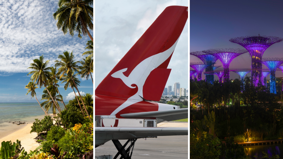 A beach in Fiji, the tail of a Qantas plane showing the Kangaroo logo and the sky trees in Singapore.