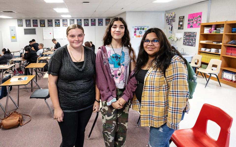 PHAST (Protecting Health and Slamming Tobacco) club members from the left, Veronica Edwardson, Astridel Tagre, and Natalie Quezada at Elliott Alternative Education Center in Modesto, Calif., Wednesday, Oct. 25, 2023.