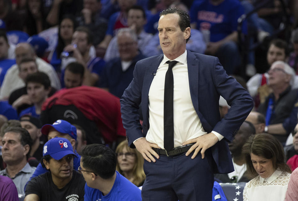 Brooklyn Nets head coach Kenny Atkinson looks on during the first half in Game 1 of a first-round NBA basketball playoff series against the Philadelphia 76ers, Saturday, April 13, 2019, in Philadelphia. Nets won 111-102. (AP Photo/Chris Szagola)