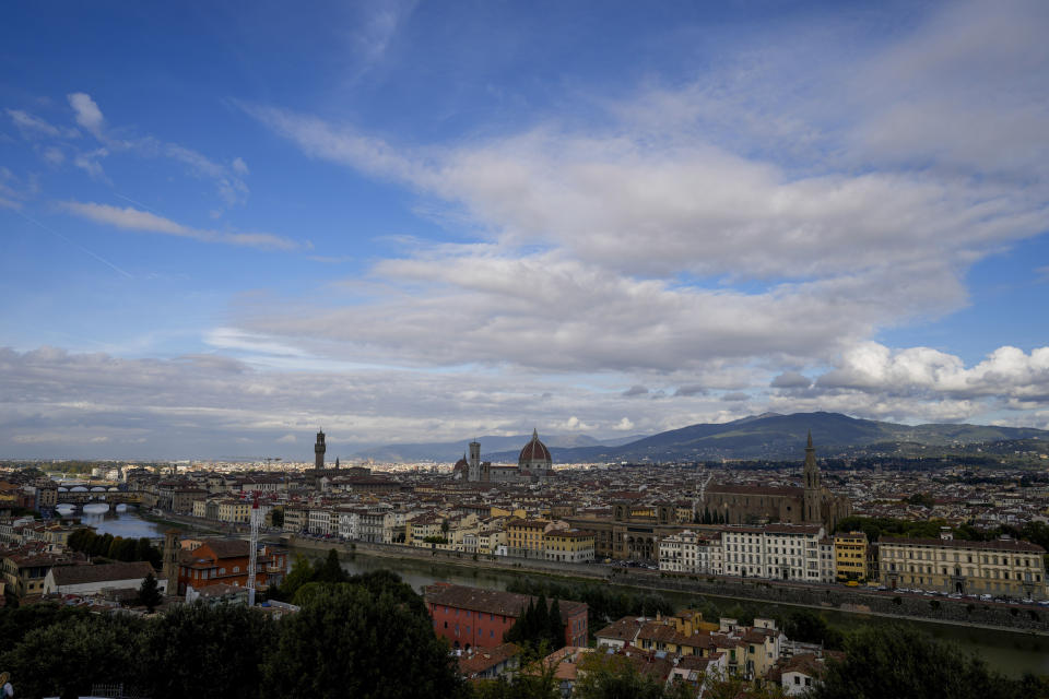 A view of the skyline of Florence, Italy, Wednesday, Nov. 9, 2022. Restorers in Florence have begun a six-month project on "Allegory of Inclination", a 1616 work by Artemisia Gentileschi, using modern techniques including x-rays and UV infrared research to go beneath the veils painted over the original painting to cover nudities and discover the work as Gentileschi painted it. (AP Photo/Andrew Medichini)