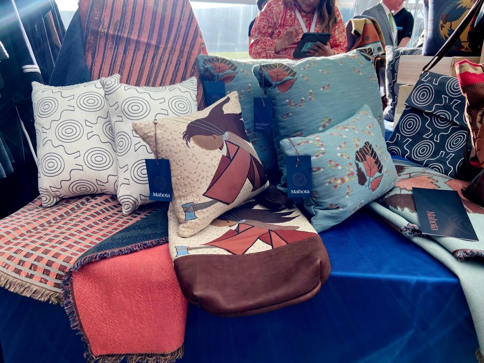 Handbags, pillows and other items from Mahota Textiles is featured at Oklahoma Israel Exchange's Fashionably Tied event at the First Americans Museum in Oklahoma City.