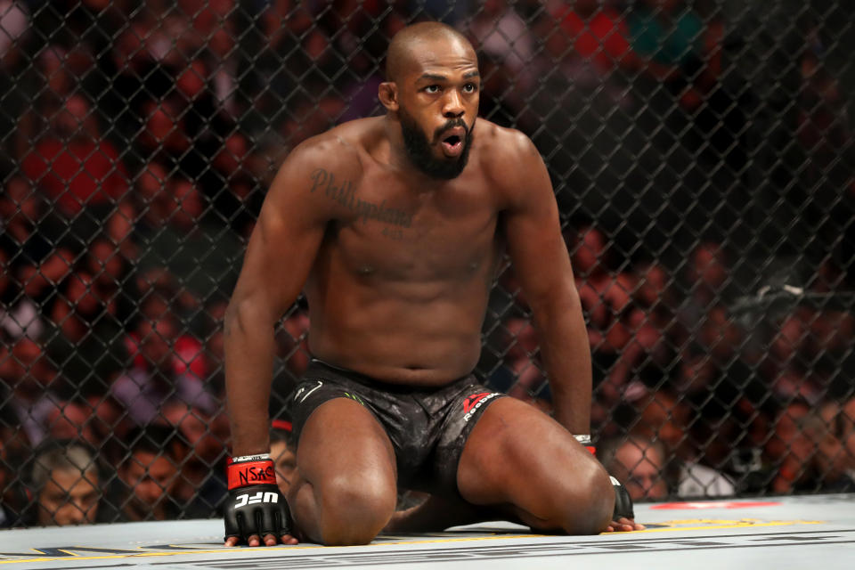 LAS VEGAS, NEVADA - JULY 06:  Jon Jones of the United States looks on during his UFC Light Heavyweight Title bout against Thiago Santos of Brazil at T-Mobile Arena on July 06, 2019 in Las Vegas, Nevada. (Photo by Sean M. Haffey/Getty Images)