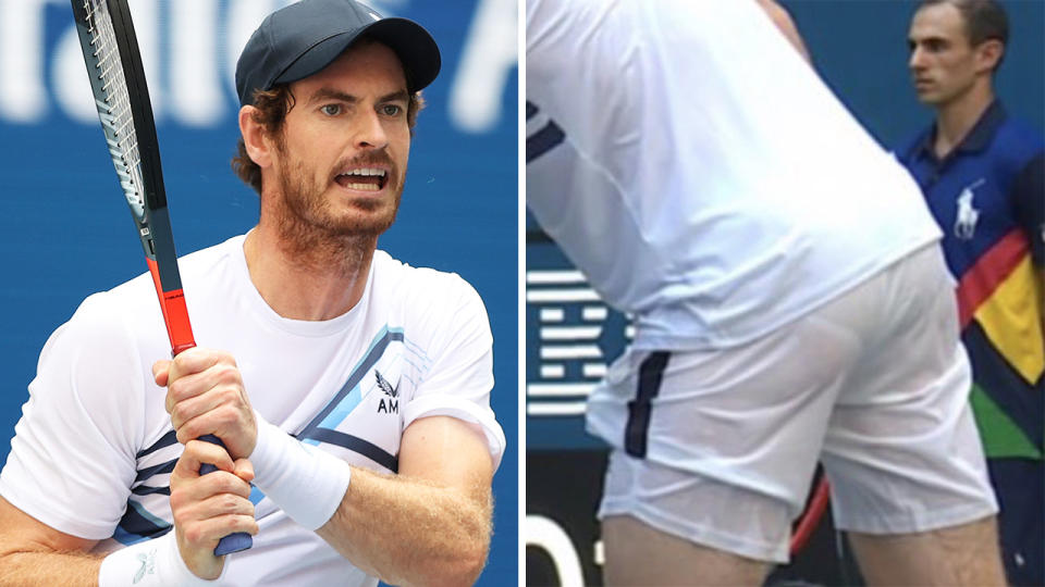 Andy Murray must have lamented his choice of shorts ahead of his first round match against Stefanos Tsitsipas at the US Open. Pictures: Getty Images/Twitter