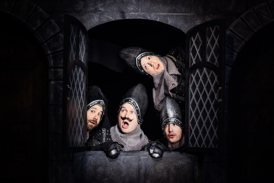 From left, Michael Fatica, Taran Killam, Drew Reddington and Ethan Slater in a scene from the Broadway revival of “Spamalot.”