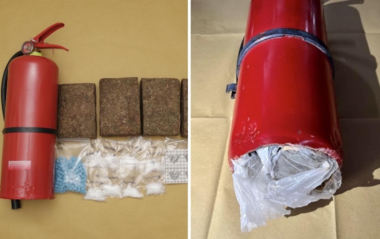 Drugs worth $790,000 seized including 4kg in fire extinguisher. (PHOTOS: Central Narcotics Bureau)