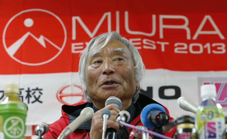 Yuichiro Miura, an 80-year-old Japanese mountaineer who became the oldest person to reach the top of Mount Everest last Thursday, speaks during a press conference at CLARK Memorial International High School in Tokyo, Wednesday, May 29, 2013. Miura said he almost died during his descent and does not plan another climb of the world’s highest peak, though he hopes to do plenty of skiing. (AP Photo/Shizuo Kambayashi)