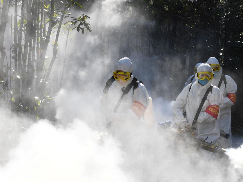 Sanitation workers disinfect a residential compound, as the country is hit by an outbreak of the novel coronavirus, in Bozhou .JPG