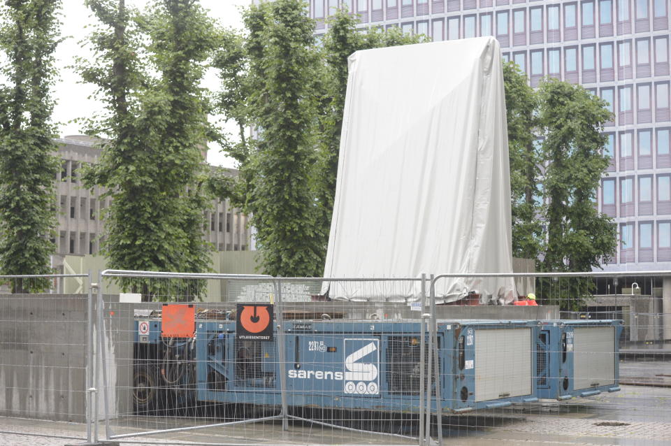 The artwork "seagull" by artists Pablo Picasso and Carl Nesjar is removed before demolition of the Y-block in the government quarter in Oslo, Norway, Tuesday July 28, 2020. Spanish artist Pablo Picasso's first attempt at monumental concrete murals were designed for the Regjeringskvartalet buildings in central Oslo, and the designs were executed in concrete by Norwegian artist Carl Nesjar. (Annika Byrde / NTB scanpix via AP)