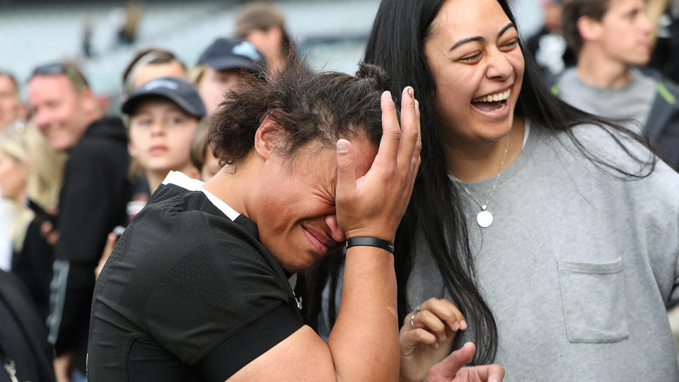 Caleb Clarke, pictured here emotional after the Bledisloe Cup match between the All Blacks and Wallabies at Eden Park.