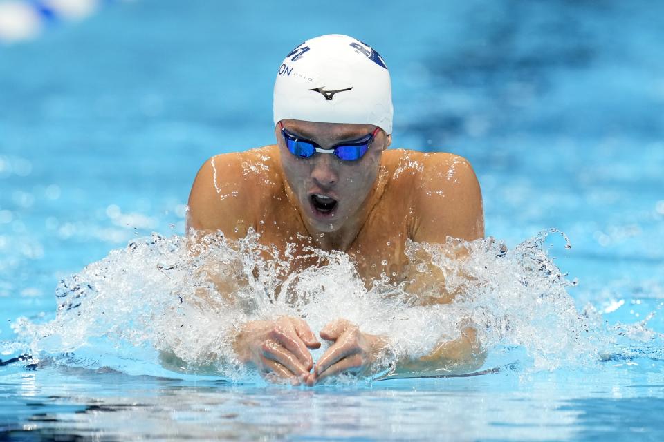 Carson Foster swims during the Men's 400 individual medley preliminary heat Sunday, June 16, 2024, at the US Swimming Olympic Trials in Indianapolis. (AP Photo/Michael Conroy)