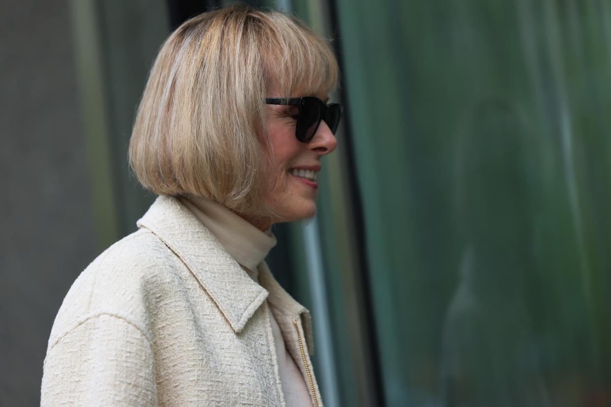 Magazine Columnist E. Jean Carroll arrives for the third day of her civil trial against former President Donald Trump at Manhattan Federal Court on April 27, 2023 in New York City (Getty Images)