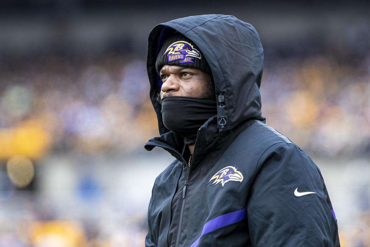 PITTSBURGH, PA - DECEMBER 11: Baltimore Ravens quarterback Lamar Jackson (8) looks on during the national football league game between the Baltimore Ravens and the Pittsburgh Steelers on December 11, 2022 at Acrisure Stadium in Pittsburgh, PA. (Photo by Mark Alberti/Icon Sportswire via Getty Images)