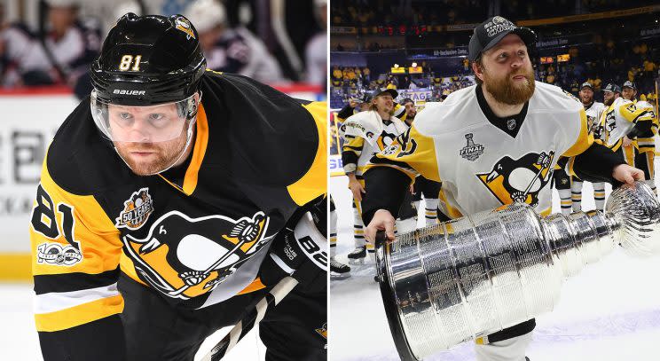 Phil Kessel during Game 1 against the Blue Jackets (Joe Sargent/Getty) vs.<br>Phil Kessel after Game 6 of the Stanley Cup Final (Bruce Bennett/Getty).