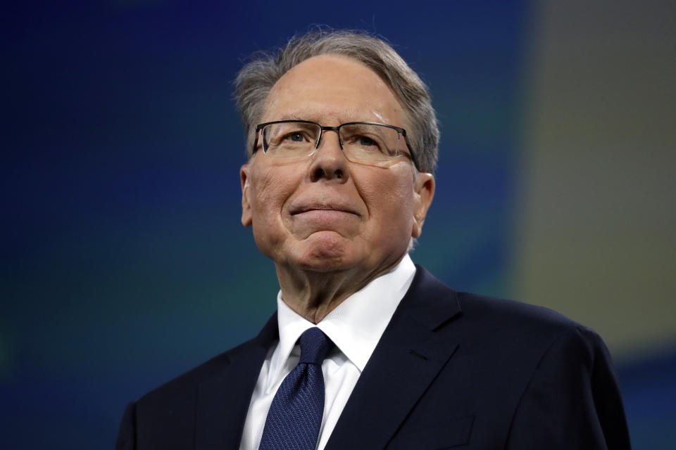 FILE- In this April 26, 2019, file photo NRA executive vice president and CEO Wayne LaPierre attends the National Rifle Association annual convention in Indianapolis. LaPierre, the embattled leader of the National Rifle Association, said Wednesday, April 7, 2021, that he put the powerful gun-rights group into bankruptcy without first informing most of its board members and top officials. (AP Photo/Evan Vucci, File)