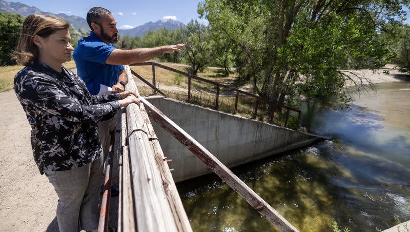 Salt Lake County Mayor Jenny Wilson and County Flood Control Director Kade Moncur look at the water levels in Little Cottonwood Creek following a press conference at Wheeler Historic Farm in Murray on Monday.