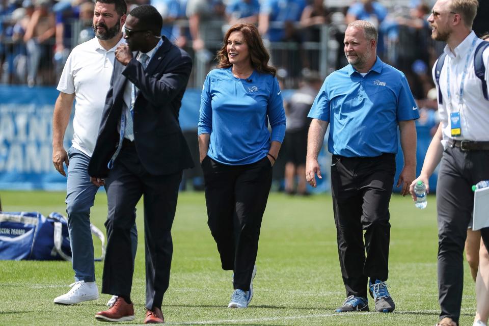 Gov. Gretchen Whitmer visits Detroit Lions after the joint practice with New York Giants at Detroit Lions headquarters and training facility in Allen Park on Wednesday, August 9, 2023.