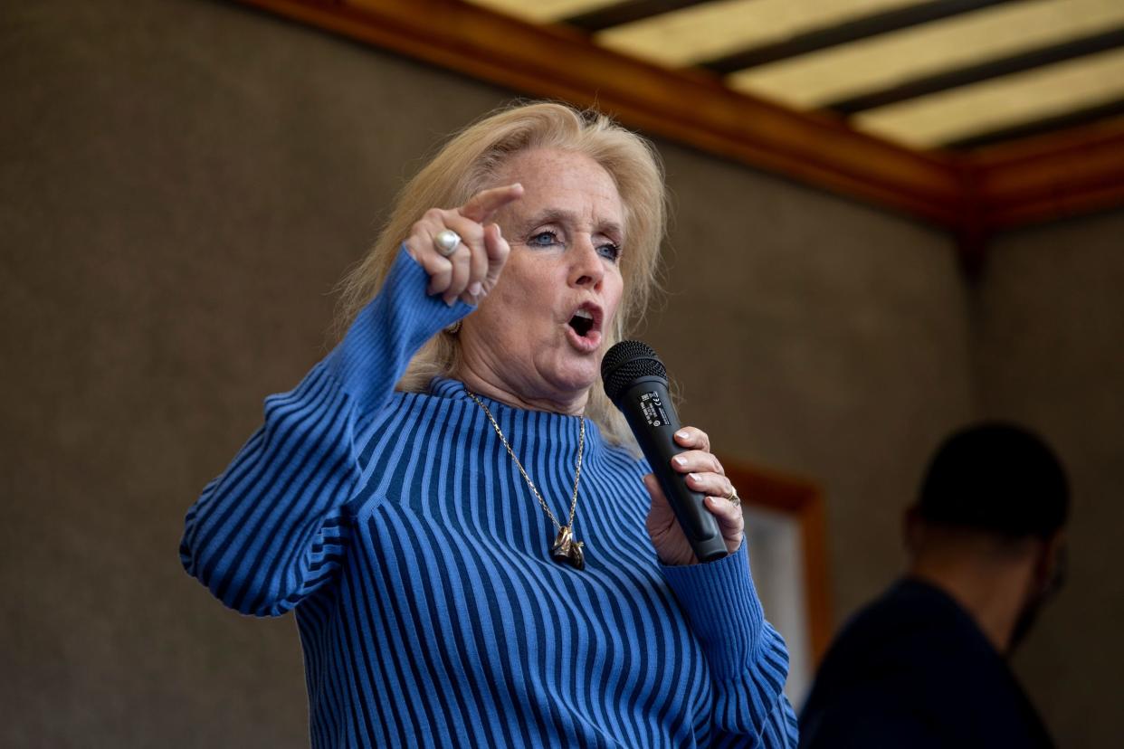 U.S. Representative Debbie Dingell speaks during the solidarity rally for Corewell Health East registered nurses, who are banding together to unionize with the Teamsters Council 43, at the Teamsters building in Detroit on Friday, May 10, 2024.