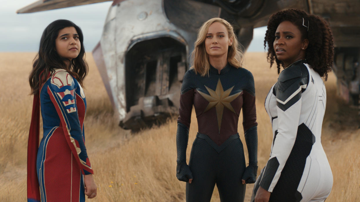  Iman Vellani as Ms. Marvel/Kamala Khan, Brie Larson as Captain Marvel/Carol Danvers, and Teyonah Parris as Captain Monica Rambeau inThe Marvels. 