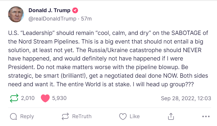Donald Trump posted on Truth Social on Wednesday morning to suggest that he ‘head up a group’ to negotiate between Russia and the European nations affected by the Nord Stream gas leaks (Truth Social/Donald Trump)