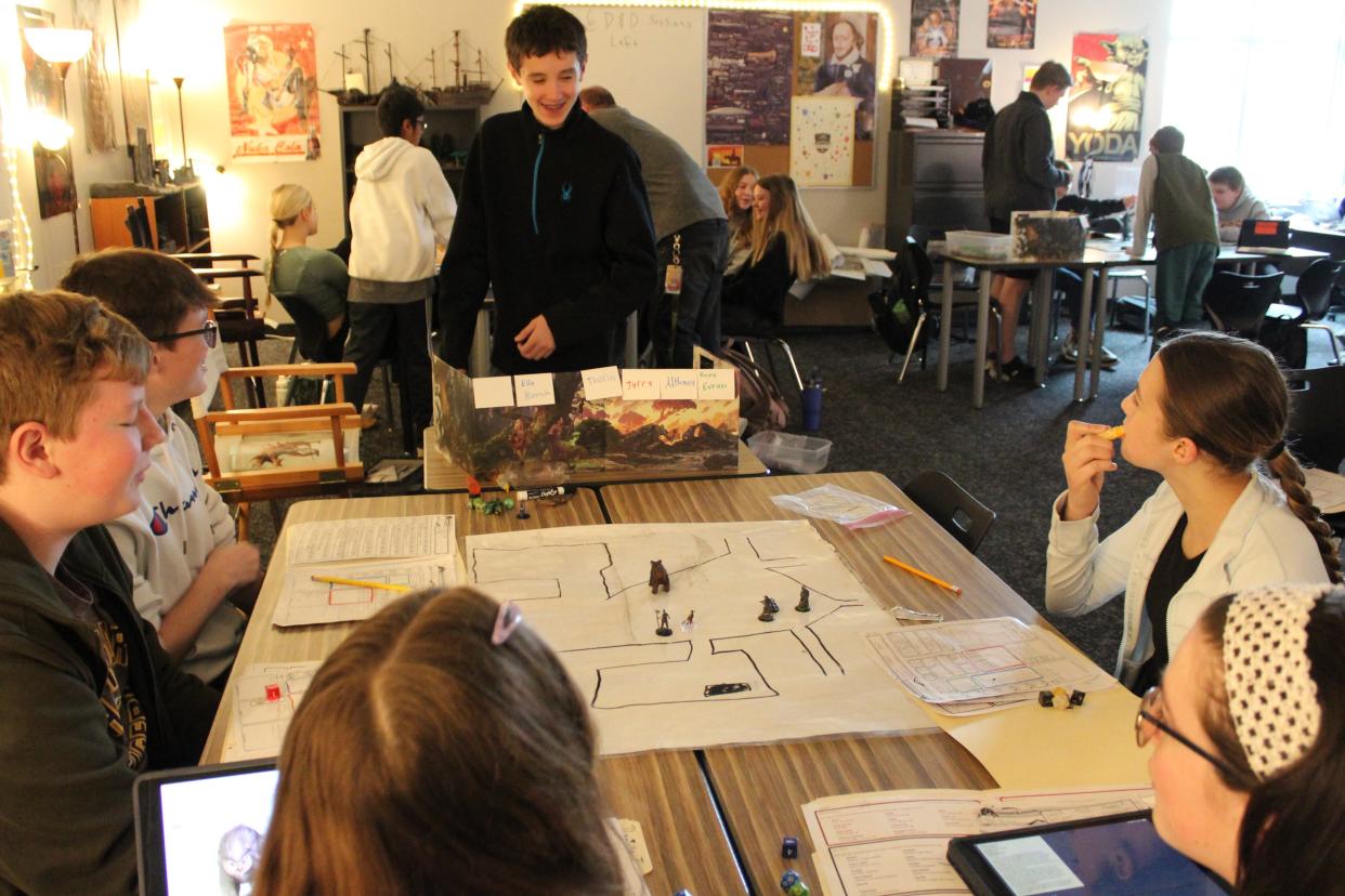 Asher Paulson leads a group of his peers in a game of Dungeons & Dragons in Kade Wells' classroom at Harrisburg East Middle School on Friday, March 22, 2024.