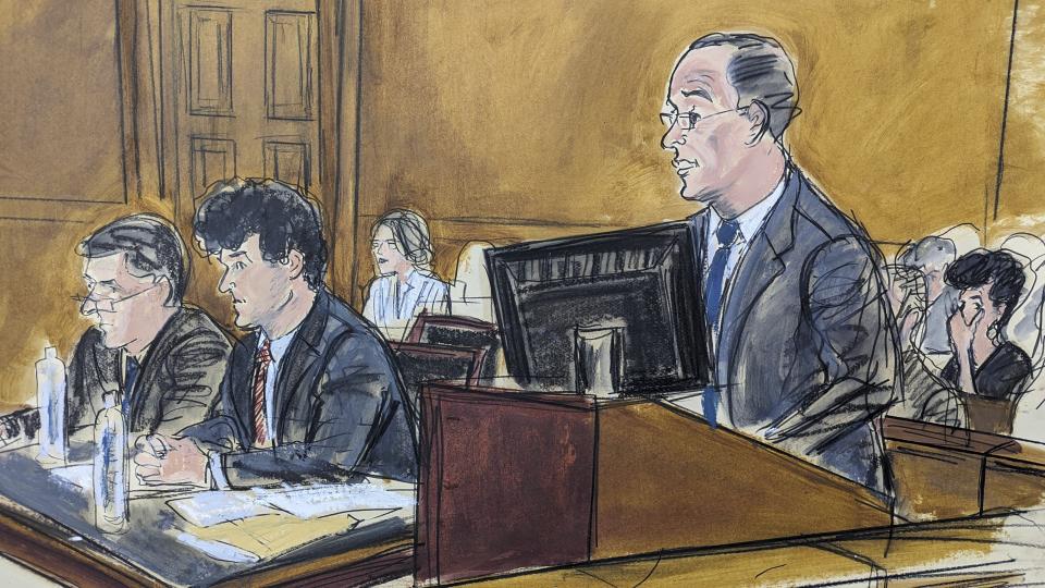 In this sketch, in Federal Court in New York, Friday, Aug. 11, 2023, FTX founder Sam Bankman-Fried, is seated center, while his attorney Marc Cohen, right, addresses Judge Lewis Kaplan. Bankman-Fried's mother is seated, far right with hand on her face. Bankman-Fried left the federal courtroom in handcuffs Friday after a judge revoked his bail after concluding that the fallen cryptocurrency wiz had repeatedly tried to influence witnesses against him. (AP Photo/Elizabeth Williams)