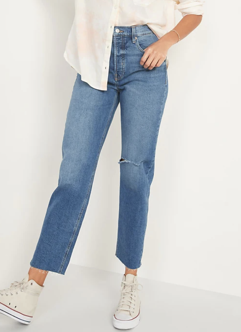 Extra High-Waisted Sky Hi Straight Button-Fly Ripped Jeans for Women - Old Navy 