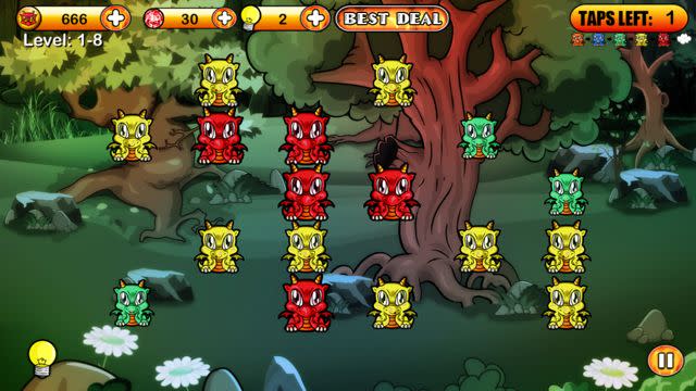 Players tap dragons to cause chain reactions to clear the board in Dragon Poppers