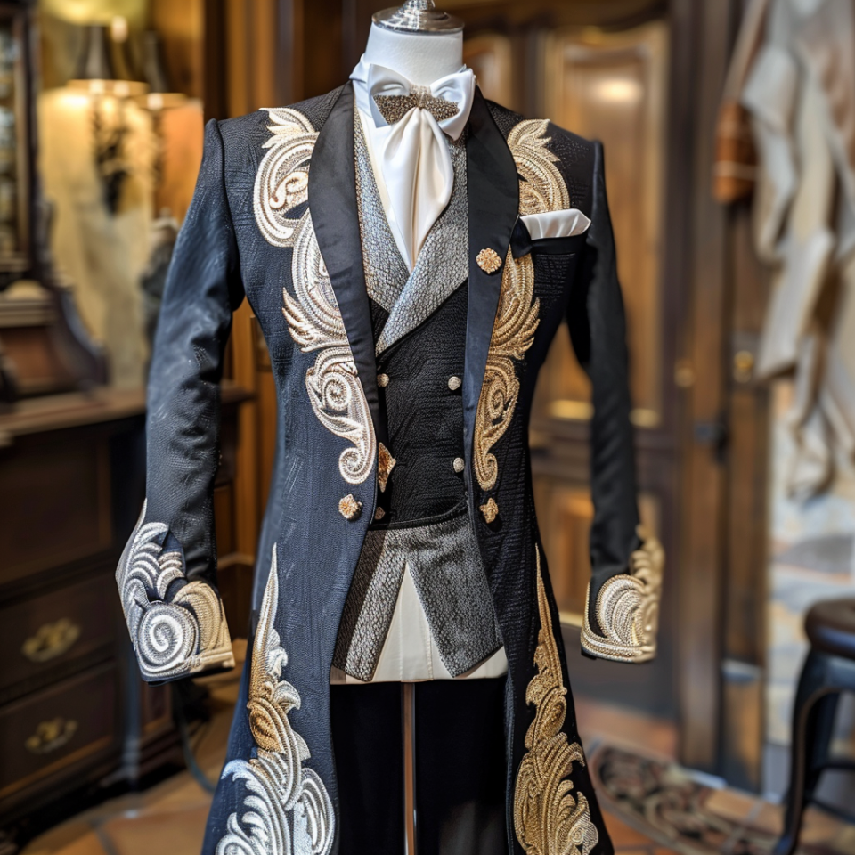 Mannequin sporting an elaborate black tailcoat with intricate white patterns and a white bow tie