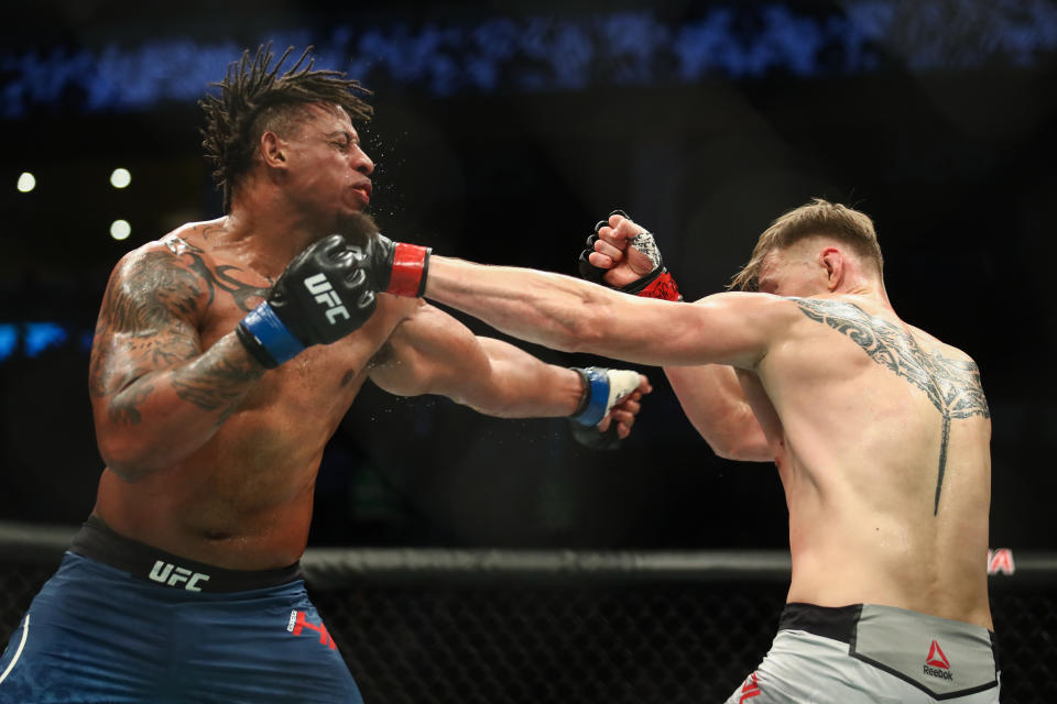 MOSCOW, RUSSIA  NOVEMBER 10, 2019: UFC heavyweight fighters Greg Hardy (L) of the United States and Alexander Volkov of Russia in a bout as part of the UFC Fight Night 163 mixed martial arts event, at CSKA Arena. Valery Sharifulin/TASS (Photo by Valery Sharifulin\TASS via Getty Images)