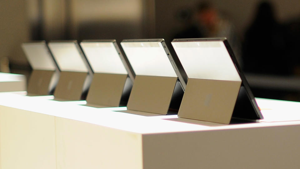 LOS ANGELES, CA - JUNE 18: The Microsoft tablet Surface is unveiled during a news conference at Milk Studios on June 18, 2012 in Los Angeles, California. The new Surface tablet utilizes a 10.6 inch screen with a cover that contains a full multitouch keyboard. (Photo by Kevork Djansezian/Getty Images)