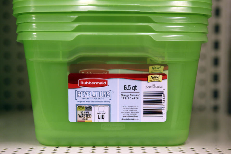 FILE - In this file photograph taken July 30, 2009, Rubbermaid containers are stacked at a store in Detroit. Newell Rubbermaid Inc., which makes consumer products ranging from storage containers and strollers to Sharpie pens, said Friday, July 30, 2010, that its second-quarter profit climbed 23 percent. Overall revenue dipped but revenue from its key products edged up. (AP Photo/Paul Sancya, file)