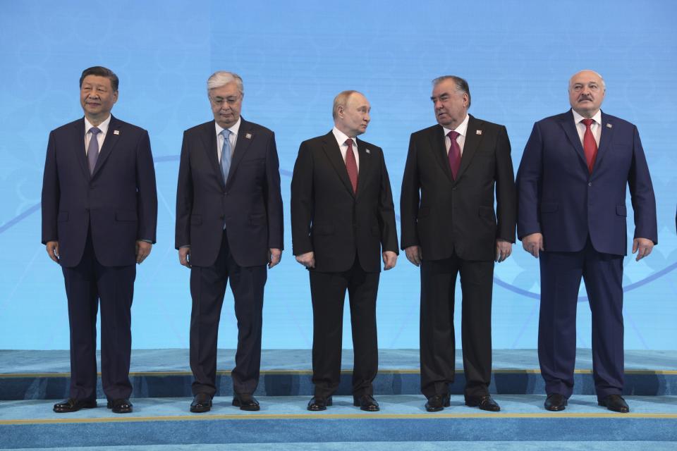 From left: Chinese President Xi Jinping, Kazakh President Kassym-Jomart Tokayev, Russian President Vladimir Putin, Tajik President Emomali Rahmon and Belarusian President Alexander Lukashenko pose for a photo at the Shanghai Cooperation Organization (SCO) states leaders' summit in Astana, Kazakhstan, Thursday, July 4, 2024. (Gavriil Grigorov, Sputnik, Kremlin Pool Photo via AP)