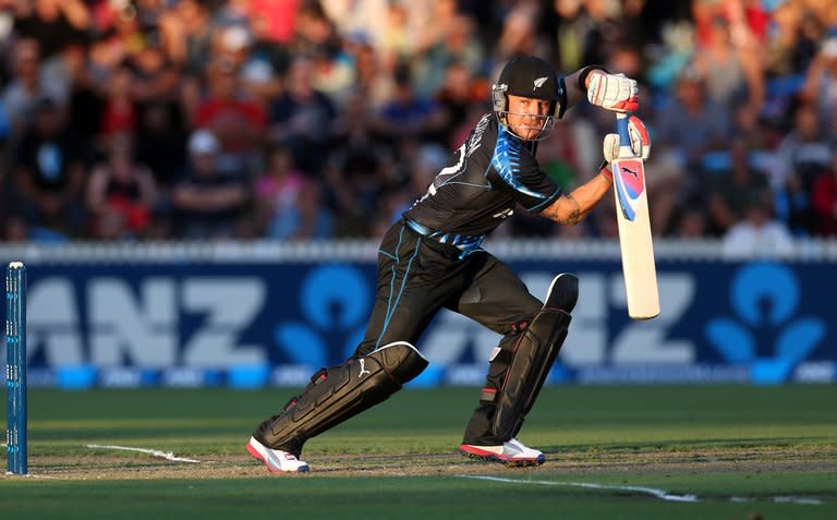 New Zealand's Brendon McCullum hits a shot against England during the International Twenty20 cricket match at Snedden Park in Hamilton on Febuary 12, 2013. McCullum inspired his team to a crushing 55-run win over England in the second Twenty20 international in Hamilton on Tuesday, levelling the series 1-1