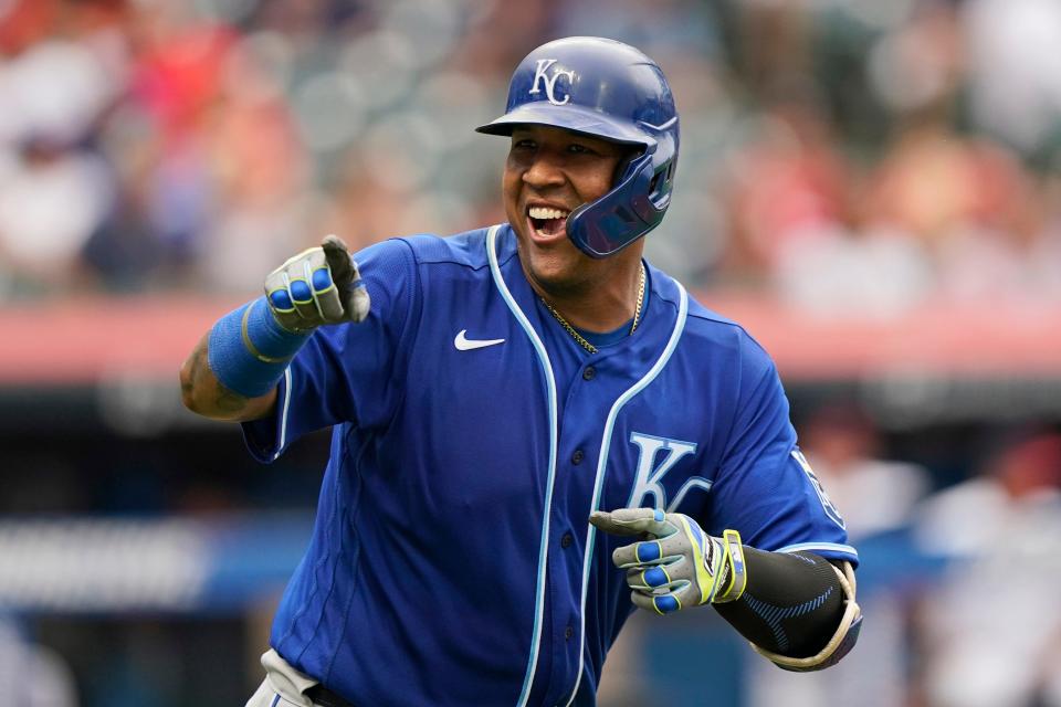 The Royals' Salvador Perez celebrates his 46th home run of the season, breaking Johnny Bench's record for most homers by a primary catcher in a single season.