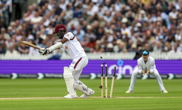 Kraigg Brathwaite hits the ball onto his own stumps