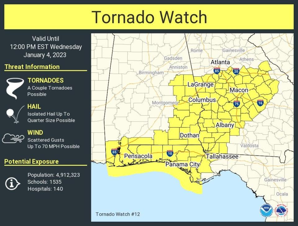 A tornado watch was issued as severe storms move across Florida's Panhandle Jan. 4, 2023.