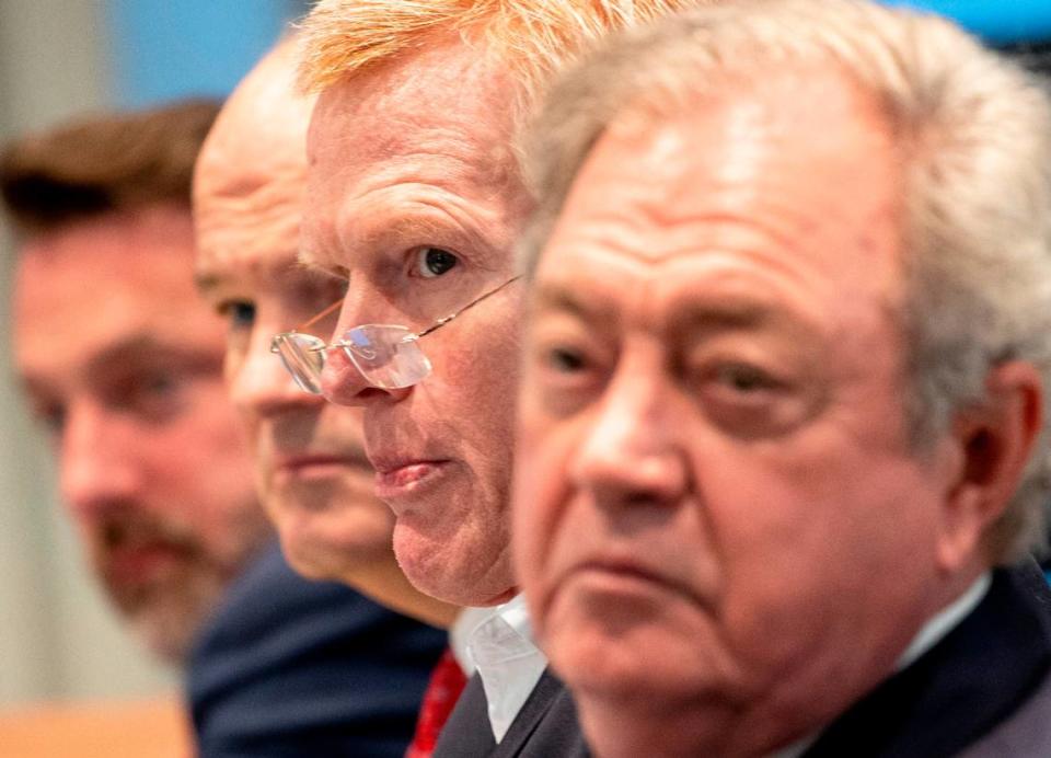 The defense from left including Phillip Barber, Jim Griffin, Alex Murdaugh and Dick Harpootlian in the double murder trial of Alex Murdaugh at the Colleton County Courthouse in Walterboro, on Tuesday, Feb. 7, 2023. Andrew J. Whitaker/The Post and Courier/Pool