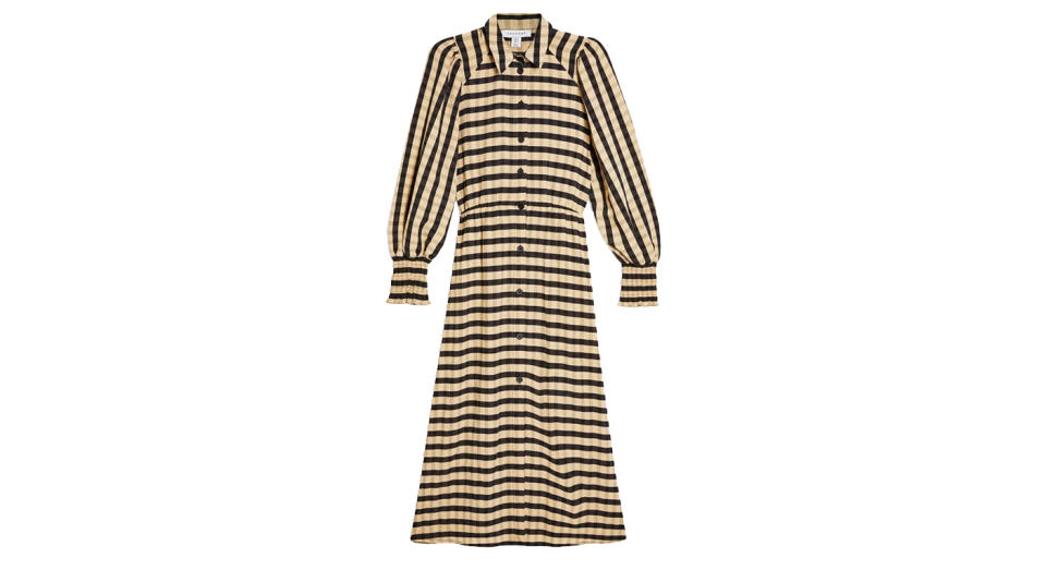 Ecru Check Shirred Midi Shirt Dress