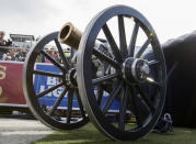 FILE- In this Nov. 25, 2017, file photo, The Fremont Cannon, presented to the winner of the UNLV vs. Nevada NCAA college football game, sits in the stadium in Reno, Nev. The Las Vegas Raiders were the first team to play inside Allegiant Stadium. But the UNLV Rebels will be the first team to play with fans inside the $2 billion dollar venue, when they host in-state rival Nevada on Saturday, Oct. 31, 2020, in the annual battle for the Fremont Cannon, college football’s largest rivalry trophy. (AP Photo/Tom R. Smedes, File)