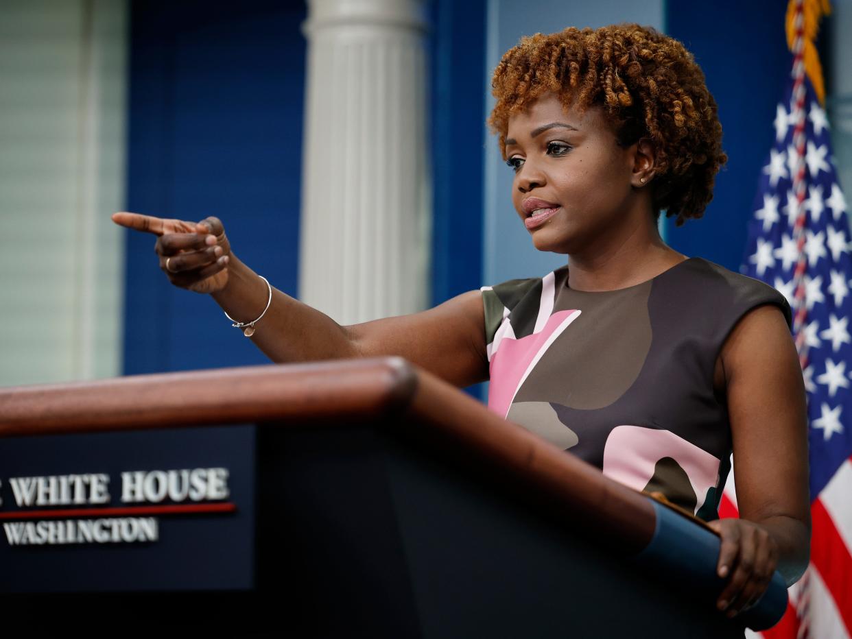 WASHINGTON, DC - AUGUST 09: White House Press Secretary Karine Jean-Pierre speaks to reporters during the daily news conference in the Brady Press Briefing Room at the White House on August 09, 2022 in Washington, DC. Jean-Pierre avoided answering a number of questions about the Federal Bureau of Investigation's Monday raid of former President Donald Trump's home in Mar-A-Lago, Florida. (Photo by Chip Somodevilla/Getty Images)