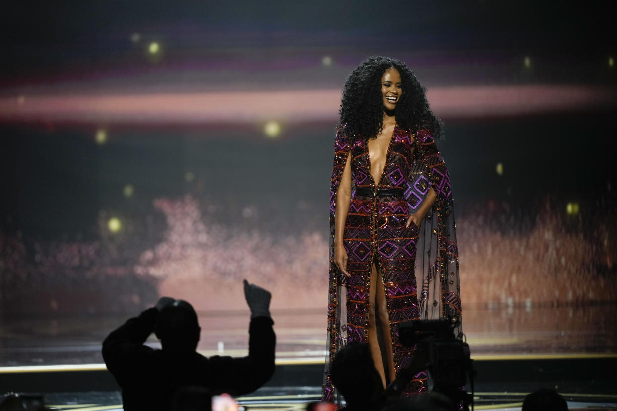 Miss South Africa Ndavi Nokeri takes part in the evening gown competition during the final round of the 71st Miss Universe Beauty Pageant in New Orleans, Saturday, Jan. 14, 2023. (AP Photo/Gerald Herbert)