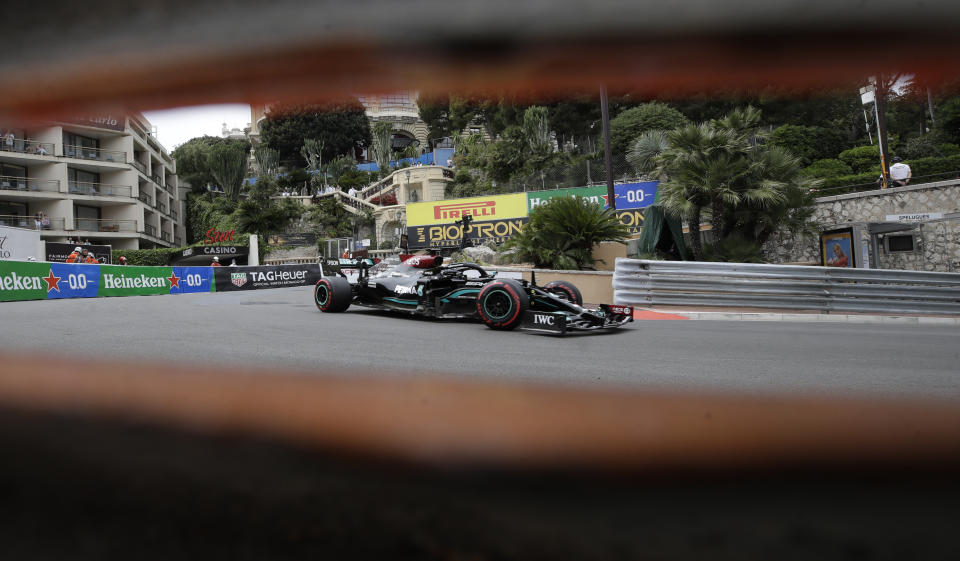 Mercedes driver Lewis Hamilton of Britain steers his car during the third free practice for Sunday's Formula One race, at the Monaco racetrack, in Monaco, Saturday, May 22, 2021. (AP Photo/Luca Bruno)