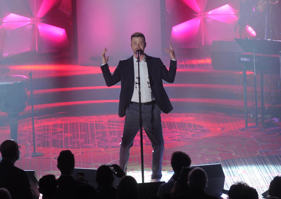 Justin Timberlake performs on stage at the 50th annual Songwriters Hall of Fame induction and awards ceremony at the New York Marriott Marquis Hotel on Thursday, June 13, 2019, in New York. (Photo by Brad Barket/Invision/AP)