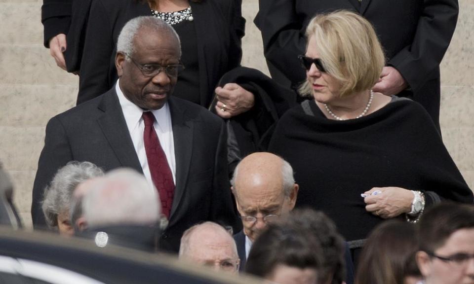 Justice Clarence Thomas, left, and his wife Virginia (Ginni). Thomas was the sole justice to rule in favour of Donald Trump’s attempt to block documents related to January 6 being passed to Congress, including texts from Ginni Thomas.