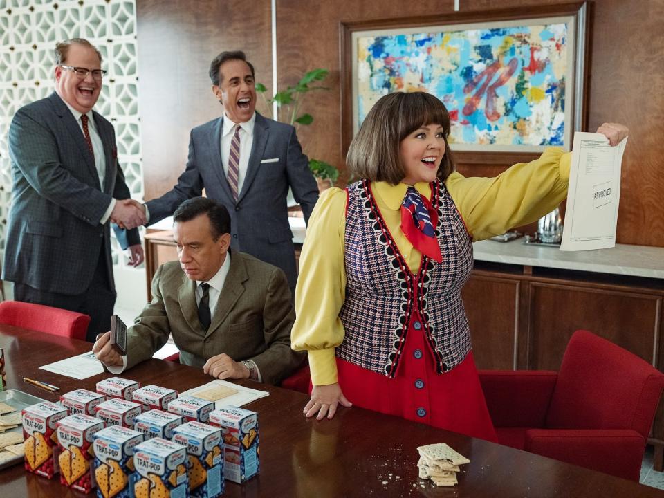 Jim Gaffigan as Edsel Kellogg III, Jerry Seinfeld as Bob Cabana, Fred Armisen as Mike Puntz, and Melissa McCarthy as Donna Stankowski in "Unfrosted: The Pop-Tart Story."