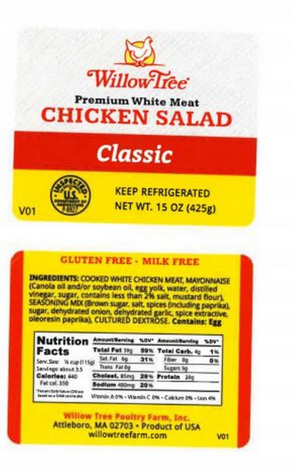 The label on recalled Willow Tree Premium White Meat Chicken Salad Classic