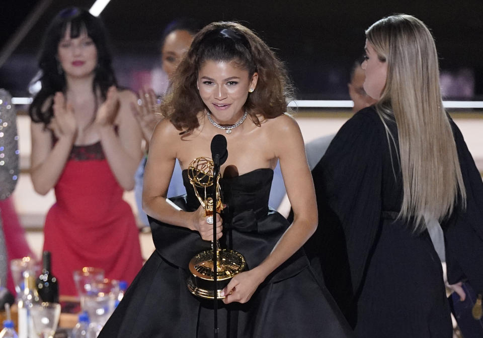 Zendaya accepts the Emmy for outstanding lead actress in a drama series for "Euphoria" at the 74th Primetime Emmy Awards on Monday, Sept. 12, 2022, at the Microsoft Theater in Los Angeles. (AP Photo/Mark Terrill)