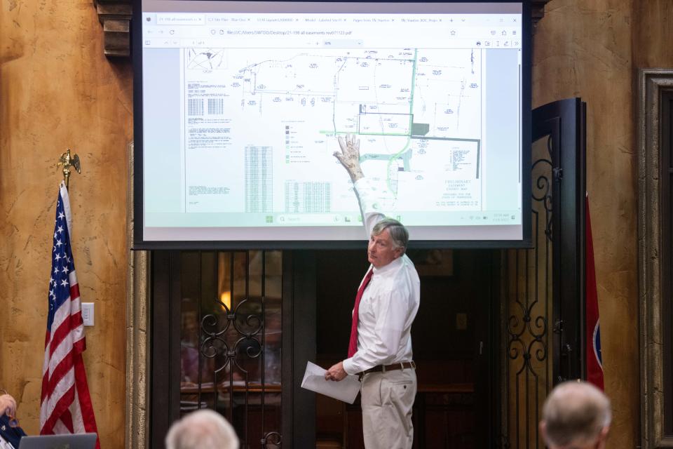 CEO Clay Bright explains a map over a portion of the Blue Oval Plant during a The Megasite Authority of West Tennessee meeting in Jackson, Tennessee on Wednesday, Jul. 19, 2023. 