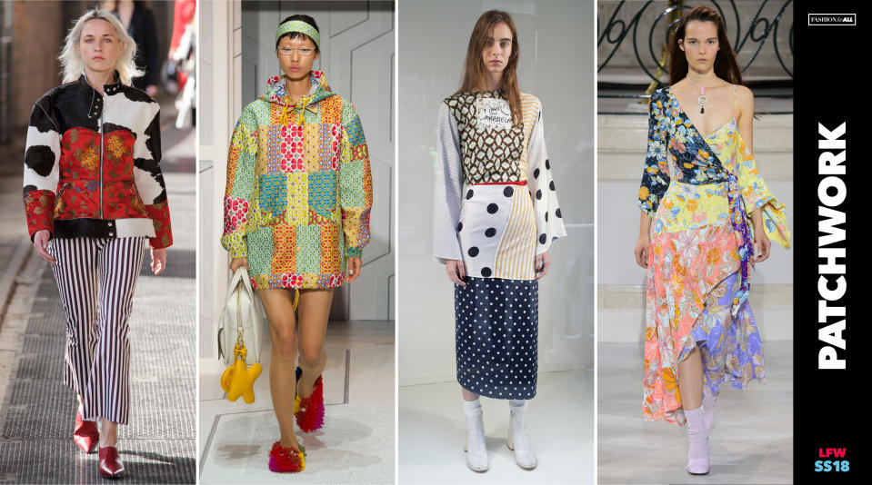 <p><i>Sewing together mismatched prints and patterns of all shades in classic “patchwork” form was the popular choice at several shows, including Marques’ Almeida, Anya Hindmarch, MM6 Maison Margiela, and Peter Pilotto. (Photo: ImaxTree, Art: Quinn Lemmers for Yahoo Lifestyle) </i></p>