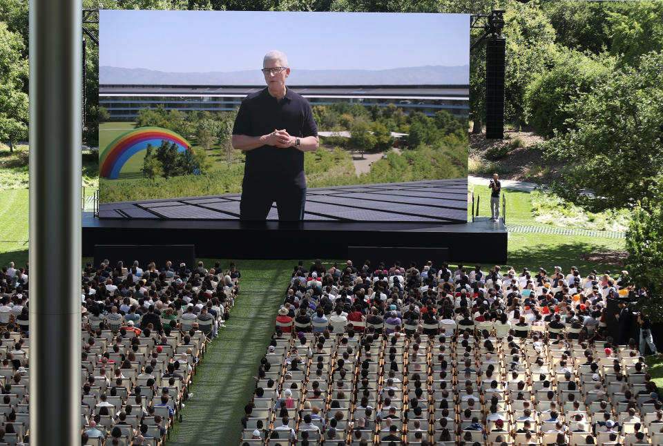 CUPERTINO, CALIFORNIA - JUNE 10: Apple CEO Tim Cook delivers remarks at the start of the Apple Worldwide Developers Conference (WWDC) on June 10, 2024 in Cupertino, California. Apple will announce plans to incorporate artificial intelligence (AI) into Apple software and hardware. (Photo by Justin Sullivan/Getty Images)